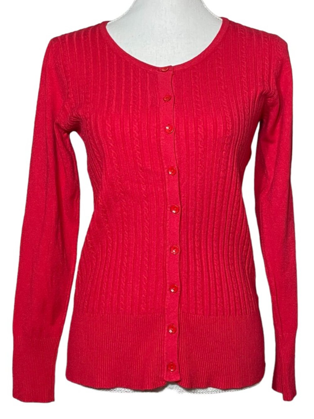 Wool Blend Cable Knit Cardigan GUC L Sweater Holiday Christmas Cherry Red